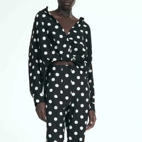 Zara NWT linen black & white polka dot knot front button front long sleeve shirt - Picture 2 of 10